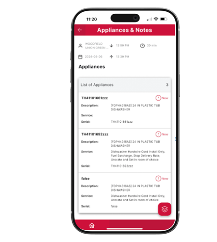 FieldCore mobile app showing job details, appliances, and documentation