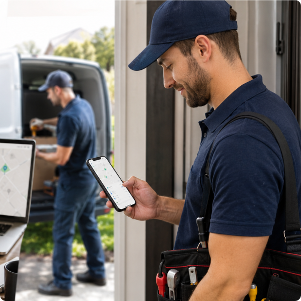 Field technician reviewing a service job at a customer location